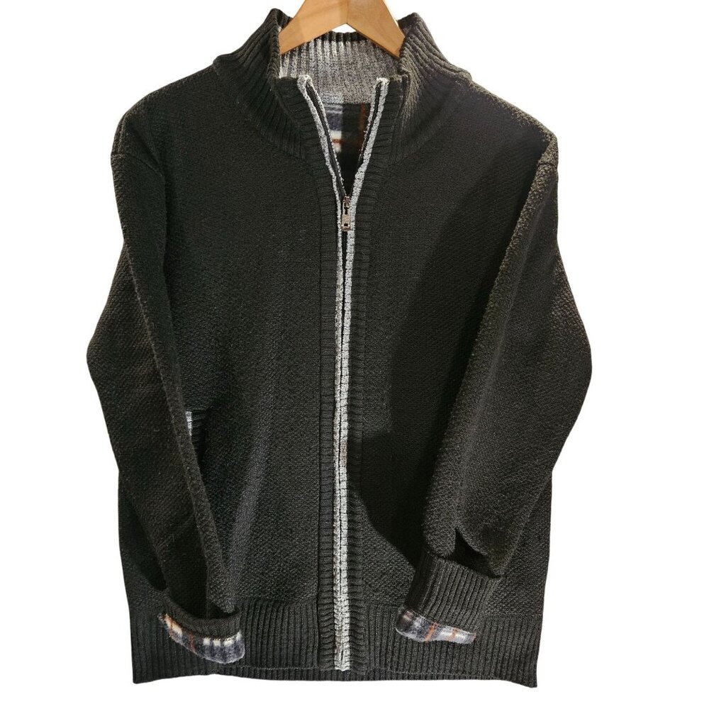 Cashmere Cotton Vcansion Men's Black Knit Jacket Plaid Fleece Full Zipper Med